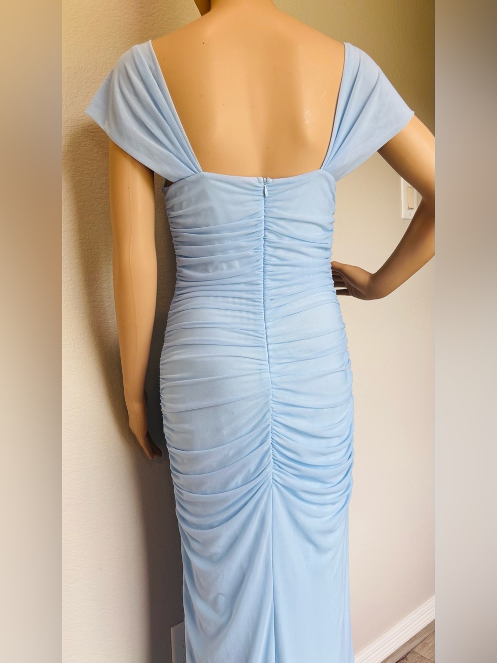 Elegant Off-Shoulder Baby Blue Ruched Evening Dress - Picture 8 of 14
